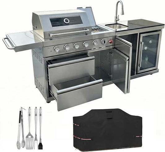 Outdoor BBQ Island, BBQ Island Outdoor Kitchen, 46" 4-Burner 72,000 BTU Outdoor Kitchen Island with Grill, Grill Tools, Grill Cover. Sink, Fridge, Rotisserie, Locking Casters, Propane/NG