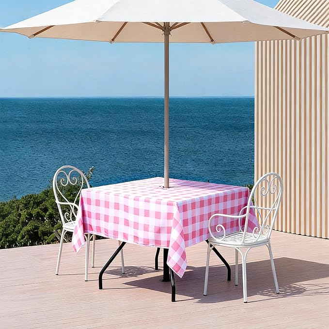 Poise3EHome Square Outdoor Tablecloth with Umbrella Hole and Zipper,Pink and White Gingham 60x60 Inch,SpillProof Washable Table Cloth for Spring Summer Patio Garden Poolside Picnic Camping BBQS