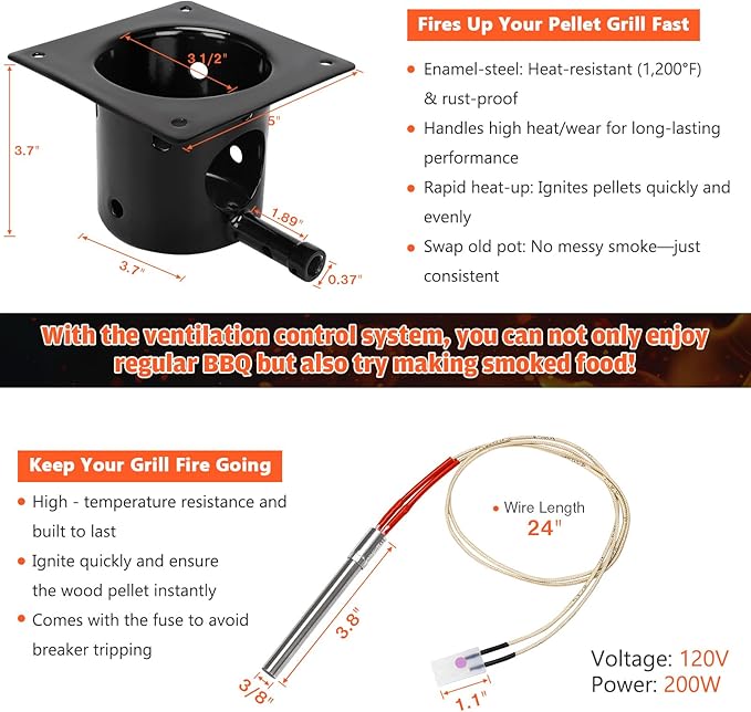 Upgraded Fire Burn Pot and Hot Rod Ignitor Kit Replacement Parts for Traeger, Pit Boss & Camp Chef Pellet Grill Smoker, Durable Fire Burner Pot with Ash Remover, Screws & Fuse, Enamel Fire Pot