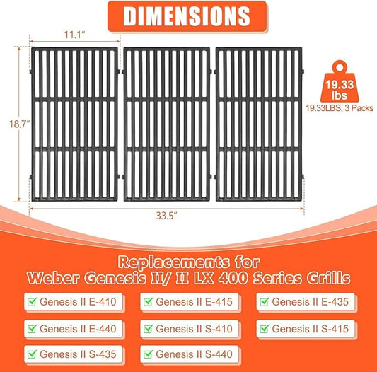 QuliMetal 66089 66097 Grill Grates for Weber Genesis 2 E-410/E-415/E-435, Grill Parts for Weber GS4 Genesis II/LX E-440 Series Gas Grills, 18.7" Cast Iron Replacements for Weber 66089 66097