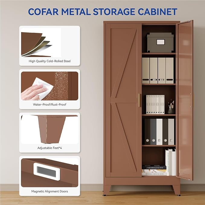 COFaR Metal Pantry Cabinet with Doors, Farmhouse 71'' Tall Storage Cabinet with 4 Adjustable Shelves, Kitchen Pantry Cabinet for Dinning Room, Garage, Laundry, Bathroom, Brown 5-Tier