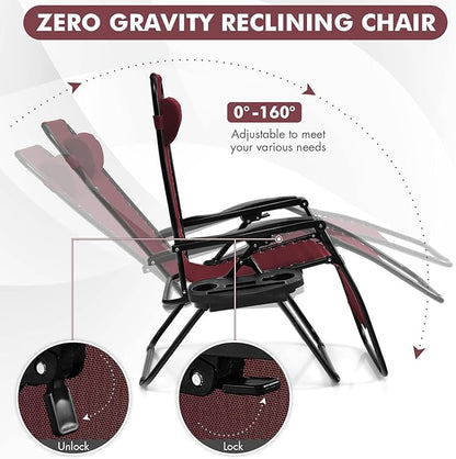 Giantex 2 PCS Zero Gravity Chair, Outdoor Chaise Lounge with Cup Holder, Patio Folding Chairs Recliner for Yard Pool Lawn Balcony, Burgundy