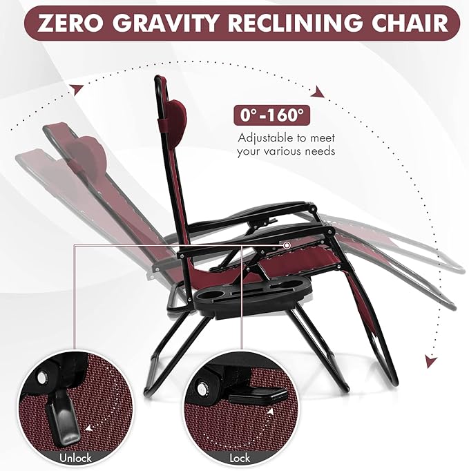 Giantex Zero Gravity Reclining Chair, Outdoor Patio Recliner with Cup Holder & Removable Pillow, Adjustable Backrest, Indoor Lounge Chair for Backyard, Garden, Poolside (Burgundy)