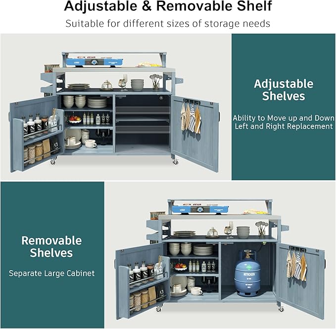 53.3" Outdoor Kitchen Island with Raised Shelf, Solid Wood Rolling Grill Cart with Stainless Steel Top, Storage Cabinet with Internal Racks, Adjustable Shelves & Spice Rack
