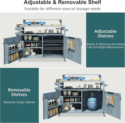 53.3" Outdoor Kitchen Island with Raised Shelf, Solid Wood Rolling Grill Cart with Stainless Steel Top, Storage Cabinet with Internal Racks, Adjustable Shelves & Spice Rack