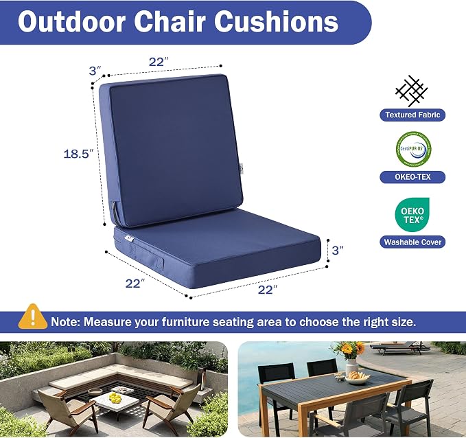 IPYNBAP Outdoor Cushions, Outdoor Chair Cushions 22x22x3 Inch, Cushions for Outdoor Furniture with Removable Cover, Waterproof & Fade Resistant Outdoor Seat Cushions for Patio, Lawn, Navy Blue