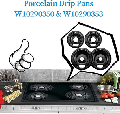 W10290350 W10290353 Burner Porcelain Drip Pans Set Replacement by APPLIANCEMATES Fits whirlpool Electric Range Stove Top Drip Bowls 4-Pack Includes 2 Large 8-Inch and 2 Small 6-Inch (Black)