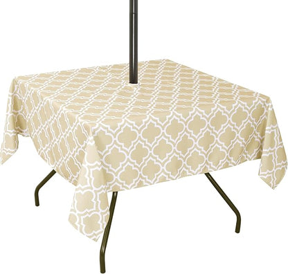 Poise3EHome Square Outdoor Tablecloth with Umbrella Hole and Zipper,Khaki 60x60 Inch,Polyester SpillProof Washable Table Cloth for Spring Summer Patio Garden Poolside Picnic Camping BBQS