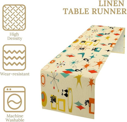 Mid Century Cat Table Runner, Retro Atomic Starburst Vintage Stars 50 60s Abstract Geometric Space Dinner Runner Table Decoration for Home Kitchen Dining 13"x70"