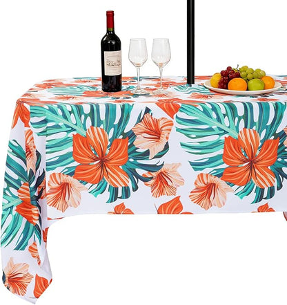 SquarePie Rectangle Outdoor Tablecloth with Umbrella Hole 60x84 inch,Water Resistant SpillProof Patio Zippered Table Cloth for Spring Summer Camping Garden Poolside Picnic BBQS,Palm Leaf Orange Flower