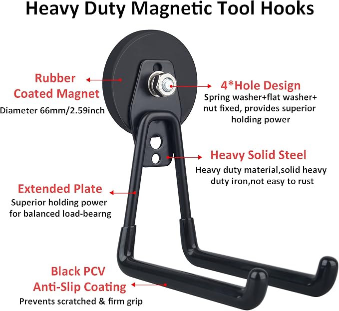 ULIBERMAGNET Magnetic Hooks,Heavy Duty Extra Large Hooks,Power Tool Organizer for Workshop Organization, 2 Pack Tool Hooks for Cordless Drill,Garden Tool,Metal Cabinet,Steel Pegboard(Black)