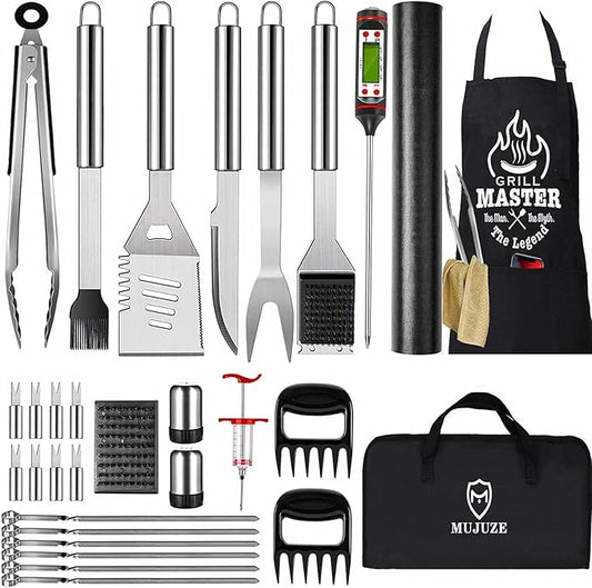 MUJUZE BBQ Grill Accessories Set,Grill Accessories Gifts for Fathers Day,BBQ Grill Sets for Men,31PCS Grilling Gifts for Men,Grilling Accessories with Apron for Dad,Barbecue Tool Sets