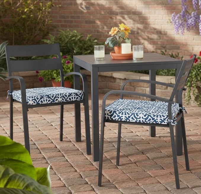 Outdoor 18 inch Square Patio Dining Chair Pads – Comfortable Fiber-Filled Seat Cushions with Ties, Reversible Polyester Fabric - Indigo Blue Lattice, Set of 2