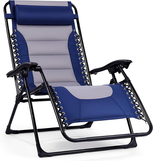 Backyard Expressions Deluxe XL Padded Recliner Zero Gravity Chair – Ergonomic Anti-Gravity Lounger with Folding Design, Side Tray, and Adjustable Headrest