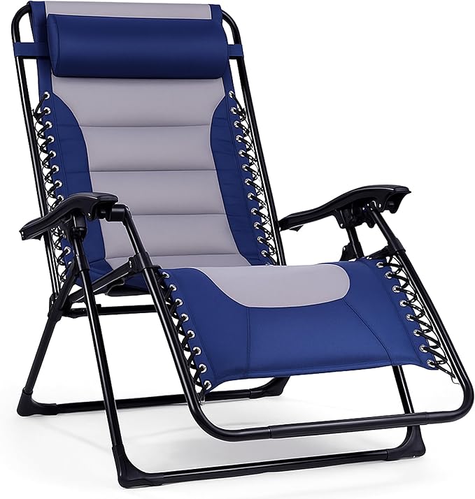 Backyard Expressions Deluxe XL Padded Recliner Zero Gravity Chair – Ergonomic Anti-Gravity Lounger with Folding Design, Side Tray, and Adjustable Headrest