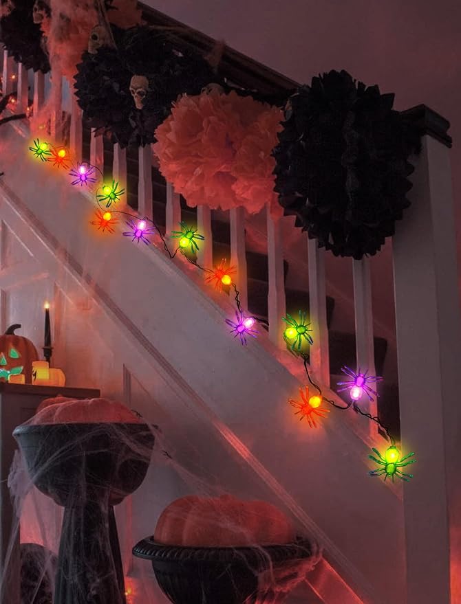 Halloween Spider String Lights Outdoor, 8.5Ft Halloween Decorations Lights with 10 LED Orange Green Purple Spider Lights, Hanging Multicolor Spider Light for Indoor Window Patio Curtain Holiday Decor