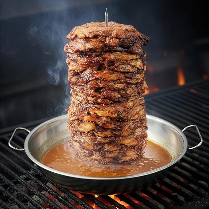 Shawarma Pan & Al Pastor Skewer for Grill - Stainless Steel Vertical Skewer Stand with 3 Spikes (7", 9", 11") & Brushes - Brazilian Spit for Tacos Al Pastor, Gyro, Smoker & Oven (AMBI-APS-0818-B)