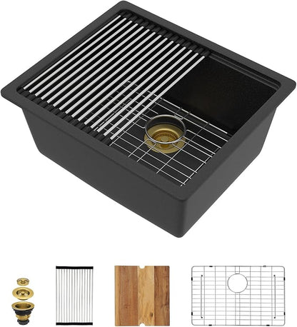 21x18 Inch Undermount Bar Sink Workstation - Matte Black Granite Composite Single Bowl Classic Quartz Under Counter Wet Prep Sink for Kitchen Bar, RV, Boat, and Outdoor #TLGU-129