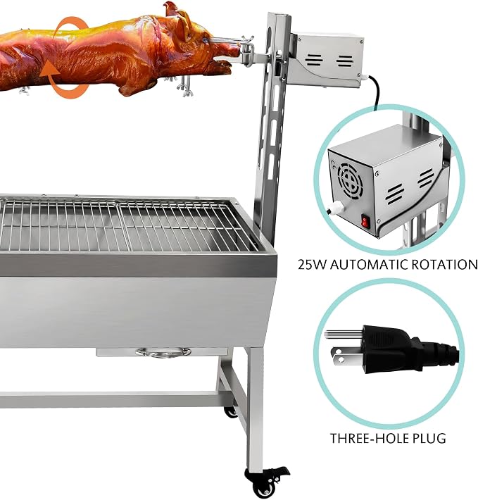 37" Electric Rotisserie Grill, Pig Lamb Spit Roaster Stand Rotisserie 132 Lbs Capacity With Adjustable Height, BBQ Charcoal Rotisserie Grill Kit Stainless Steel For Outdoor Party Camping