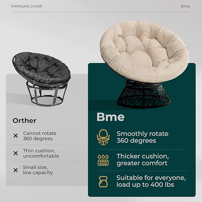 Bme 40" Ergonomic Wicker Papasan Chair with Soft Thick Density Fabric Cushion, High Capacity Steel Frame, 360 Degree Swivel for Living, Bedroom, Reading Room, Lounge, Sepia Sand - Black Base