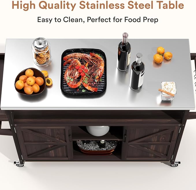 Zevemomo Outdoor Grill Cart with Storage, Lockable Casters, Brown | Stainless Steel Tabletop Outdoor Kitchen Island, Fir Wood Outdoor Buffet Cabinet for Kitchen & Barbecue