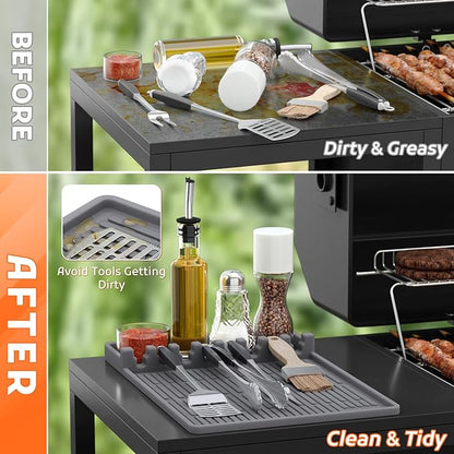 MealHelper Silicone Griddle Tools Mat Compatible with Blackstone Griddles, Grill Mat for Outdoor Grill Side Shelf with Seasoning Jar Holders, BBQ Tool Rest, Grey