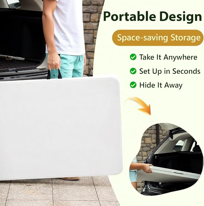 Folding Table, 6FT Foldable Picnic Table with Carrying Handle, Heavy Duty Fold-in-Half Portable Table for Weddings, Camping, RV Travel, Parties, BBQs, and Indoor Use, Easy to Fold and Store, White