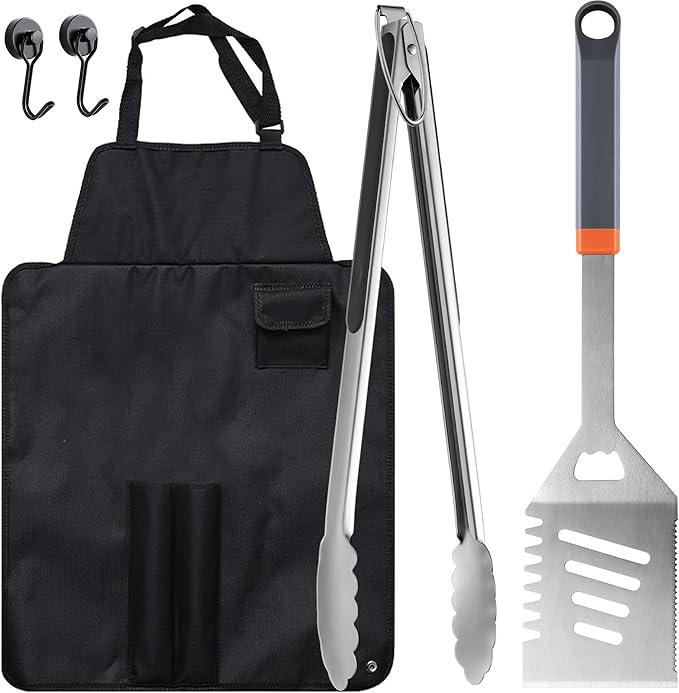 5PCS Grill Tools Set, BBQ Grilling Accessories with Spatula Tongs Apron Hooks, Portable Grill Utensils Set, Stainless Steel Grilling Tools Kit, Camping Tailgating Gifts for Men Dad