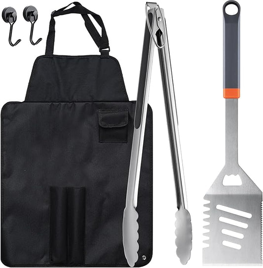 5PCS Grill Tools Set, BBQ Grilling Accessories with Spatula Tongs Apron Hooks, Portable Grill Utensils Set, Stainless Steel Grilling Tools Kit, Camping Tailgating Gifts for Men Dad