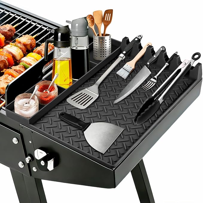 Silicone Griddle Tools Mat for Blackstone, Silicone Grill Mat with Drip Pad, Side Shelf Mats Grill Pad Spatula Mats for Outdoor Grill Kitchen Countertop, BBQ Accessories Gifts for Men (Black)