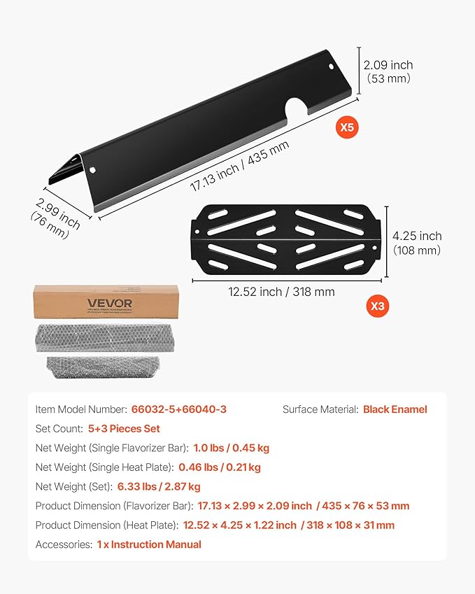 VEVOR Flavorizer Bars and Heat Deflectors, 17 in Grill Replacement Part, for Weber Genesis ll 310 315 335 340, E/S 325s, ES/SX 325s, E/S 335, EX/SX/EPX-335 Grills, Porcelain-enameled Steel, 8 Pack