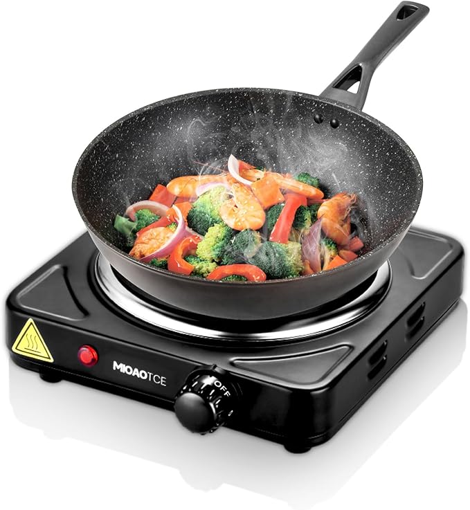 Countertop Single Cast Iron Burner 1000 Watts Electric Hot Plate with Adjustable Temperature 6.1" Cooktop for Dorm, Office, Home, Camp, Compatible for All Cookwares