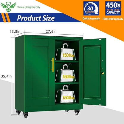 GAIOUS Metal Storage Cabinet with Lock and Wheels, Steel Tool Cabinet with 2 Door and 2 Adjustable Shelves, 35” Tall Lockable File Cabinet, Garage Cabinet, Rolling Cabinet for Home Office - Green