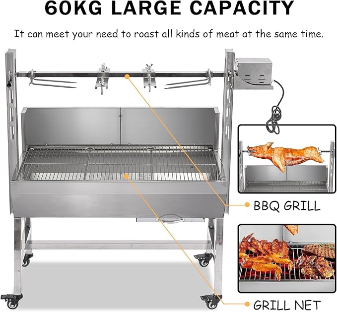 25W Stainless steel pig roaster rotisserie grill, 34.6-inch rated 132-pound barbecue grill suitable for outdoor camping kitchens