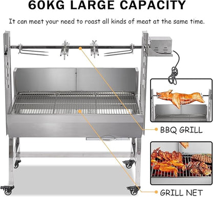 25W Stainless steel pig roaster rotisserie grill, 34.6-inch rated 132-pound barbecue grill suitable for outdoor camping kitchens