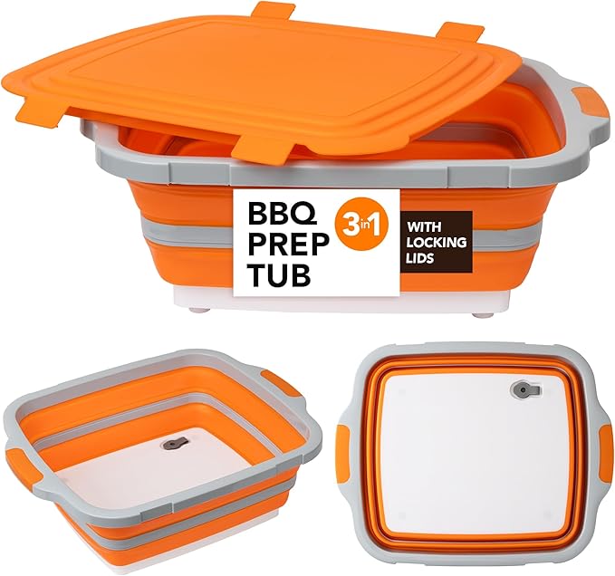 Collapsible Cutting Board(2.11 Gal/8L), BBQ Prep Tub with Locking Lid, Foldable Camping Sink with Colander, Multifunction Dish Basin for Kitchen, Bowl, Vegetable and Fruit, Storage Basket for Picnic