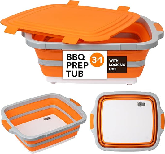 Tiawudi Large Collapsible BBQ Prep Tub with Locking Lid, Basket for Meal Prep Marinating Food Storage, Plastic Cutting Board(4.22 Gal/16L), Camping Sink with Colander, Dish Basin