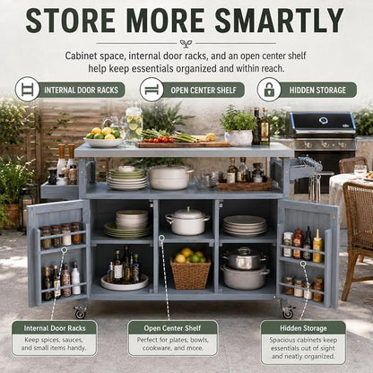 Outdoor Kitchen Island, 50.25" Rolling Grill Table with Storage Cabinet, 201 Stainless Steel Top Outdoor Bar Cart, Solid Fir Wood BBQ Prep Station with Adjustable Shelves, Spice Rack (Grey Blue)