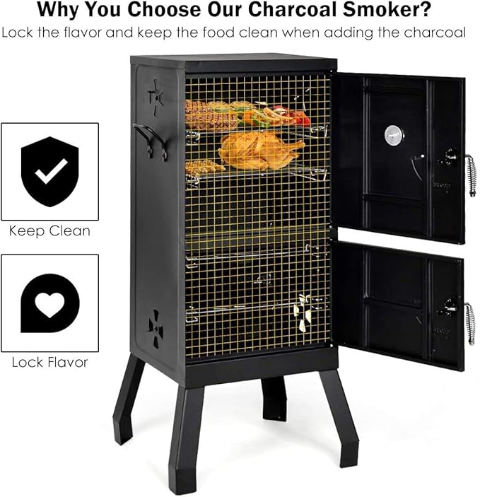 Moccha Smoked Carbon Oven, Vertical Charcoal Smoker, Outdoors Barbeque, Iron Structure, Two Layers Design, with Chrome-Plated Nets, Charcoal Pots, Suitable for Lawn Picnic, Black
