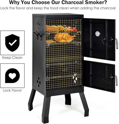 Moccha Smoked Carbon Oven, Vertical Charcoal Smoker, Outdoors Barbeque, Iron Structure, Two Layers Design, with Chrome-Plated Nets, Charcoal Pots, Suitable for Lawn Picnic, Black