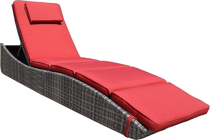 BTEXPERT Foldable Outdoor Chaise Pool Lounge Chair Folding Wicker Rattan Sun Bed Patio Couch Reclining Lounger Adjustable Padded Backrest Pillow Assembled - Red Burgundy