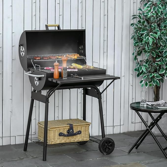 Portable Charcoal Grill for Outdoor Barbecue, Compact Steel BBQ Smoker with Wheels, Side Shelf and Adjustable Vent for Camping, Picnic, Backyard Use