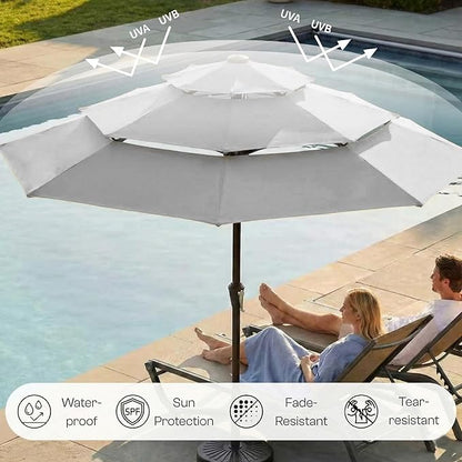 10ft 3-Tier Patio Umbrella with 32 Solar Powered LED Lights, Windproof Outdoor Market Umbrella for Deck, Poolside & Garden, Sturdy Push-Button Tilt Table Umbrella, Light Gray