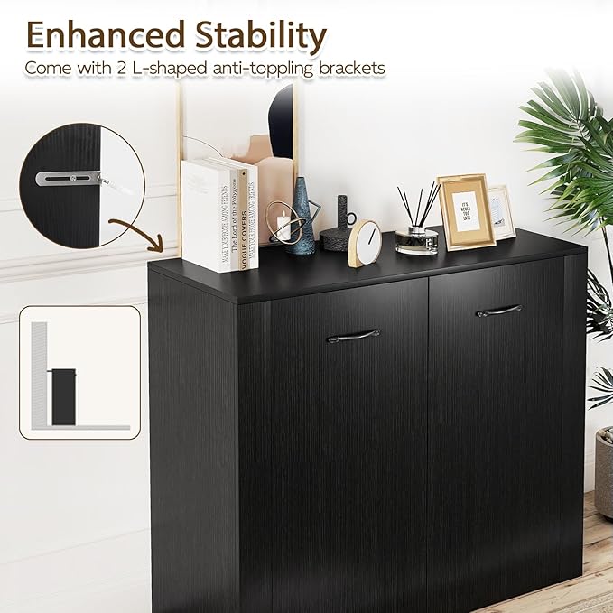 Giantex 38" Sideboard Cabinet with 2 Doors & 4 Shelves (Black) | Bathroom Storage Organizer with Anti-Tipping Device, Metal Hinges, Credenza for Living Room, Kitchen, Entryway