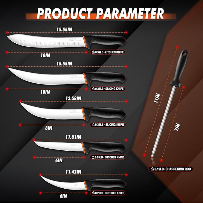 TIVOLI Butcher Knife Set 6pcs - Game Processing Knife Set with 7" Sharpener Rod - Non-Slip Softgrip & German Stainless Steel - Skinning Boning Trimming Poultry Knives for Meat Cutting - Gifts for Men