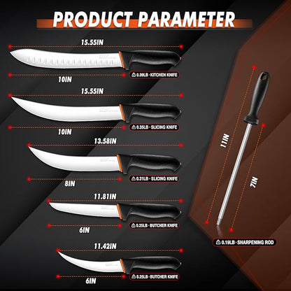 TIVOLI Butcher Knife Set 6pcs - Game Processing Knife Set with 7" Sharpener Rod - Non-Slip Softgrip & German Stainless Steel - Skinning Boning Trimming Poultry Knives for Meat Cutting - Gifts for Men