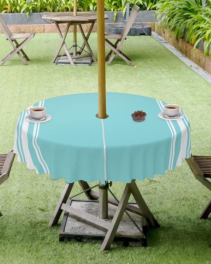 QueenKer Outdoor Tablecloth with Umbrella Hole, Farmhouse Teal White Stripe Round Tables Waterproof Tabletop Collection for Patio, Garden, Picnic, Camping, Dining 60R