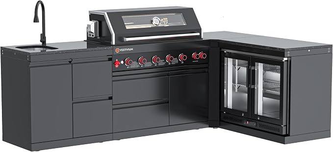 SERA C 6-Burner Natural Gas L-Shape Modular Outdoor Kitchen Black | Black 304 stainless steel, 87900BTU, 115L double fridge, dual sink, 90° corner, soft-close, locking casters, entertaining