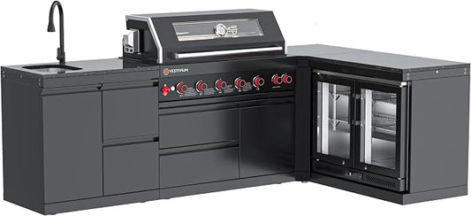 SERA C 6-Burner Natural Gas L-Shape Modular Outdoor Kitchen Black | Black 304 stainless steel, 87900BTU, 115L double fridge, dual sink, 90° corner, soft-close, locking casters, entertaining