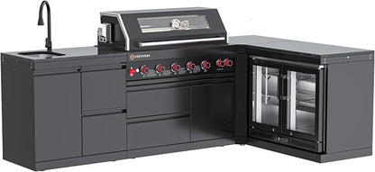 SERA C 6-Burner Propane L-Shape Module Outdoor Kitchen Black | Black 304 stainless steel, 87900BTU, 115L double fridge, dual sink, 90° corner, soft-close, locking casters, entertaining